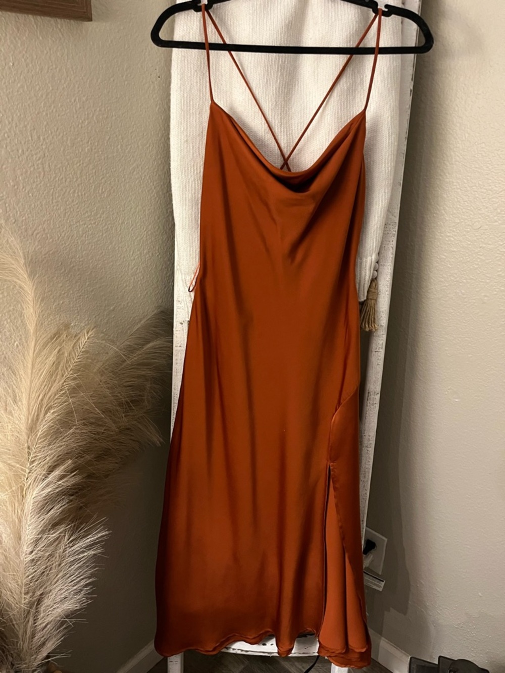 Astr Satin Slip Maxi Dress in Rust
